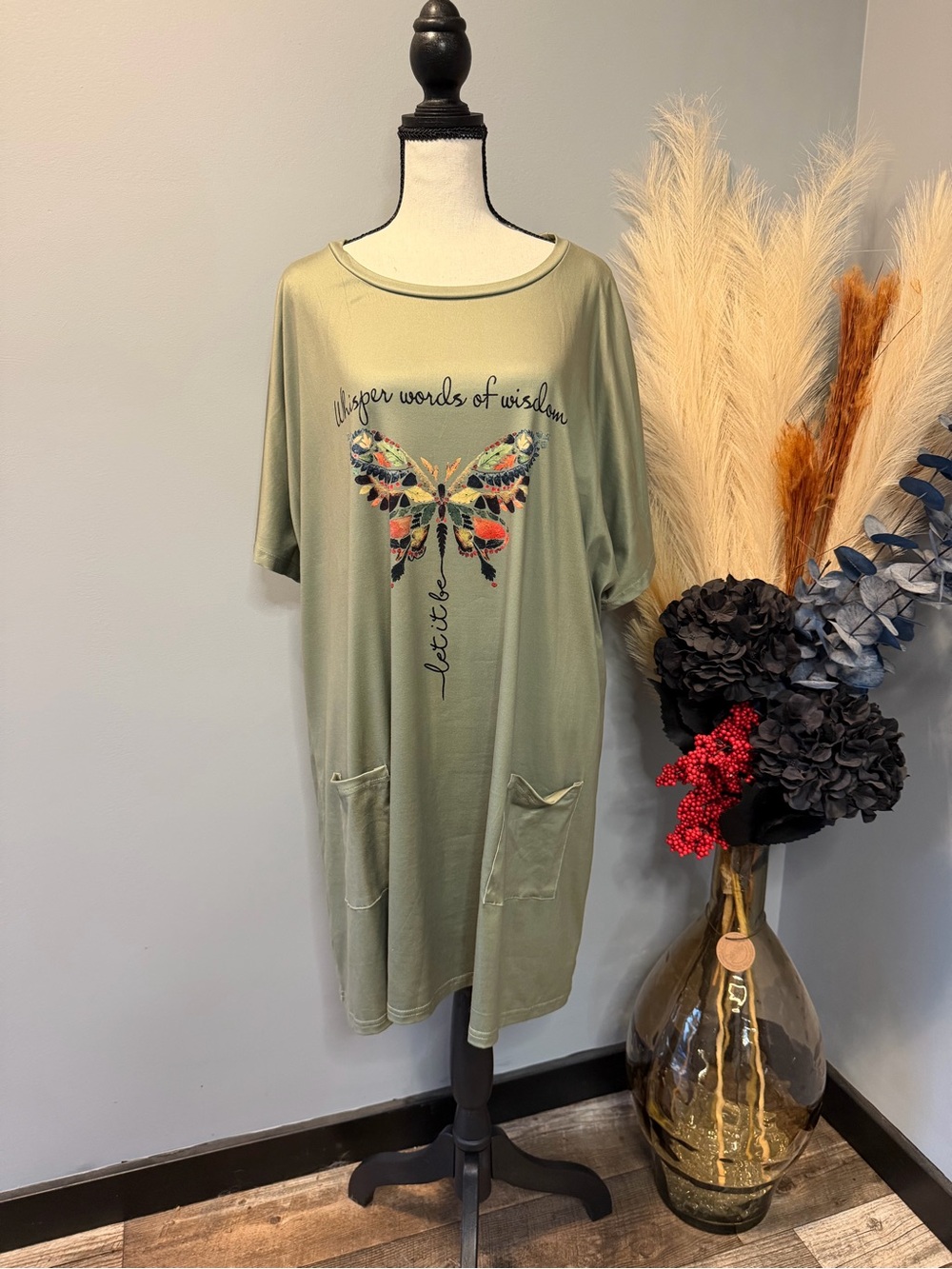 Olive Butterfly Pocket Tunic - Whisper Words Graphic